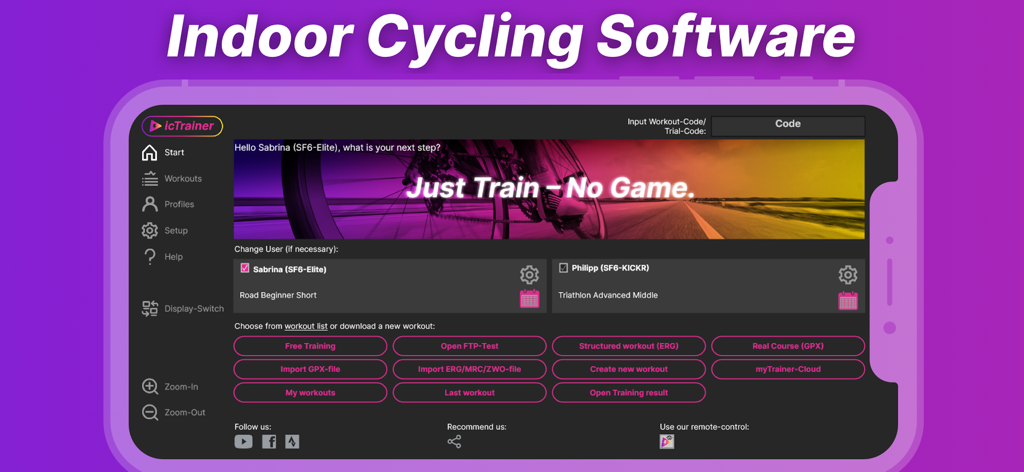 Main dashboard of the icTrainer indoor cycling app showing training modes