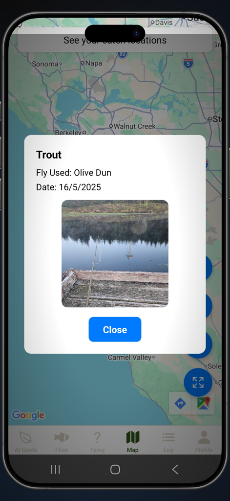 Fly Guide By HookedOnFlies - A screenshot of the Fly Guide app showing a trout catch entry with fly details and a photo over an interactive fishing map