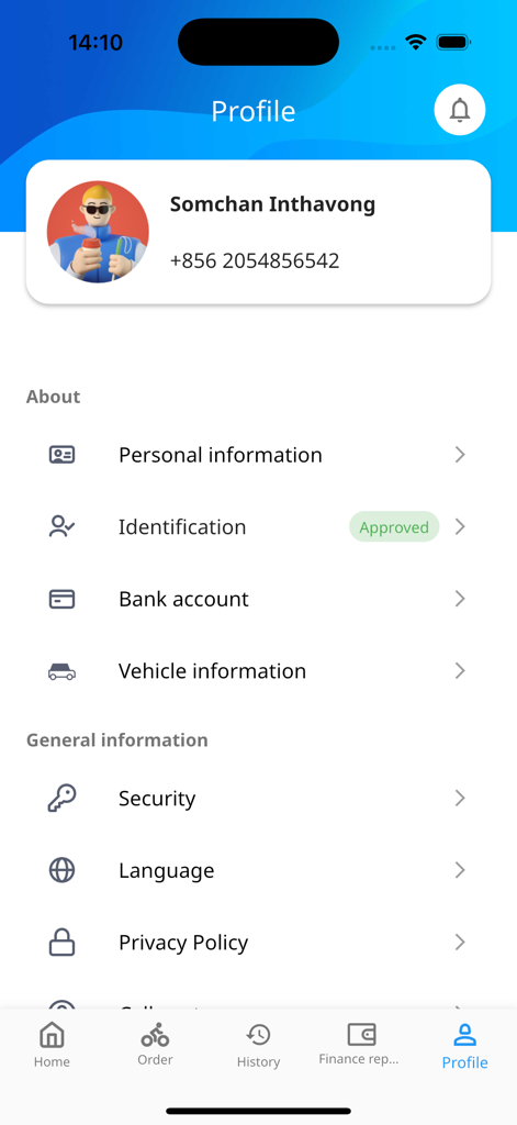 Move Driver - Move Driver app profile screen showing driver account details and settings