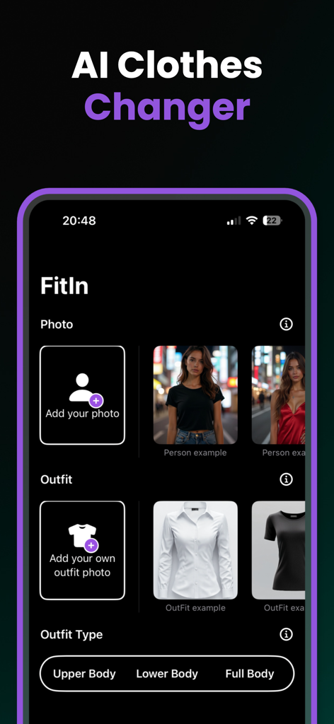 Screenshot of the FitIn app interface showing the upload section for personal photos and outfit images for AI virtual try-on.