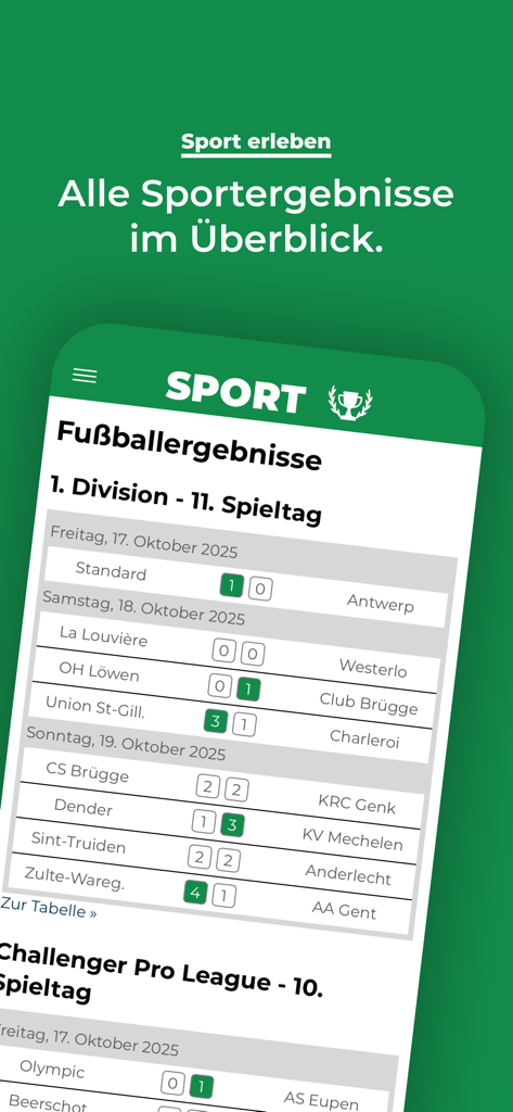 GrenzEcho App - Captura de ecrã da aplicação GrenzEcho a mostrar resultados e classificações da liga de futebol belga