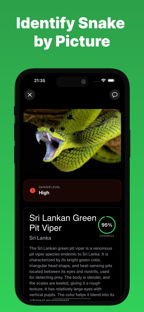 Snake Identifier - Snapey - Snake Identifier Snapey app interface showing a high danger level identification for a Sri Lankan Green Pit Viper
