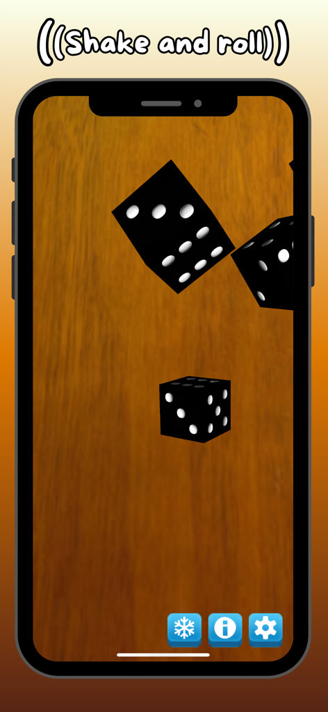 Dice Roller - Shake & Roll - A smartphone displaying black 3D dice rolling on a wooden table surface with the text shake and roll