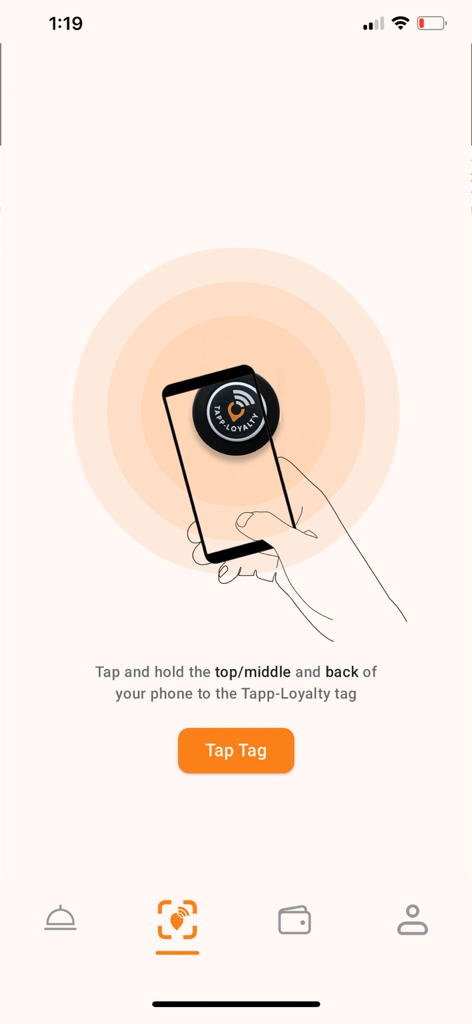 Interface of the Digital Loyalty app showing instructions for tapping a phone on a physical Tapp Loyalty tag to earn rewards
