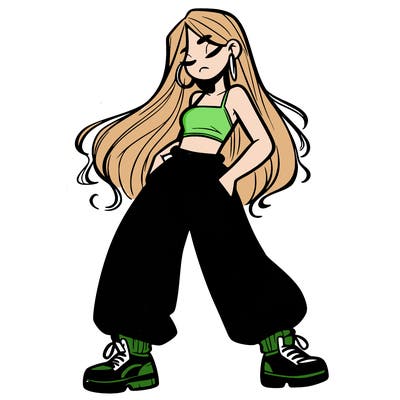 girl in baggy pants crop top and long hair