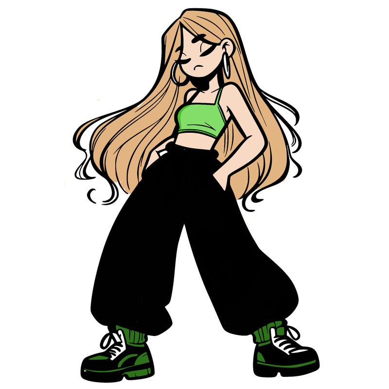 girl in baggy pants crop top and long hair