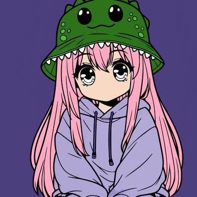 girl with anime shaped eyes with a dinosaur bucket hat oversized sweatshirt long straight hair