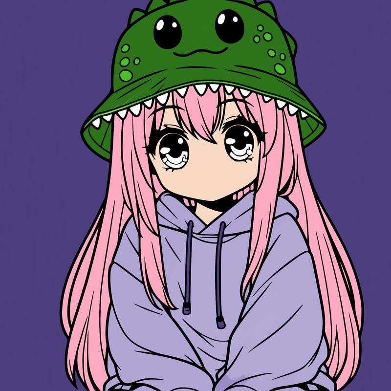 girl with anime shaped eyes with a dinosaur bucket hat oversized sweatshirt long straight hair