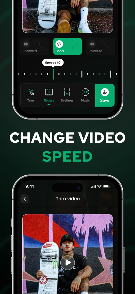 AI Reverse Video Editor - RevV - Interface of the AI Reverse Video Editor app displaying the change video speed and trim features.