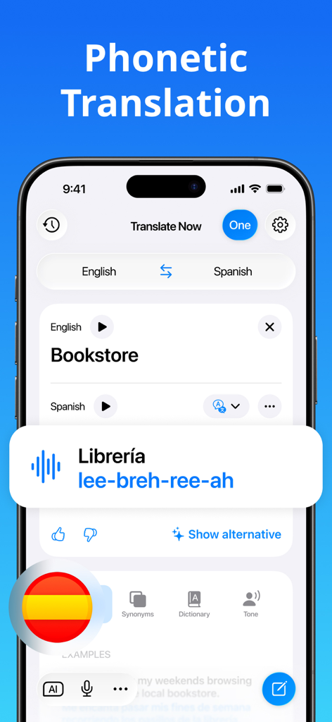 A mobile app interface displaying the phonetic translation of the word bookstore from English to Spanish as lee-breh-ree-ah.