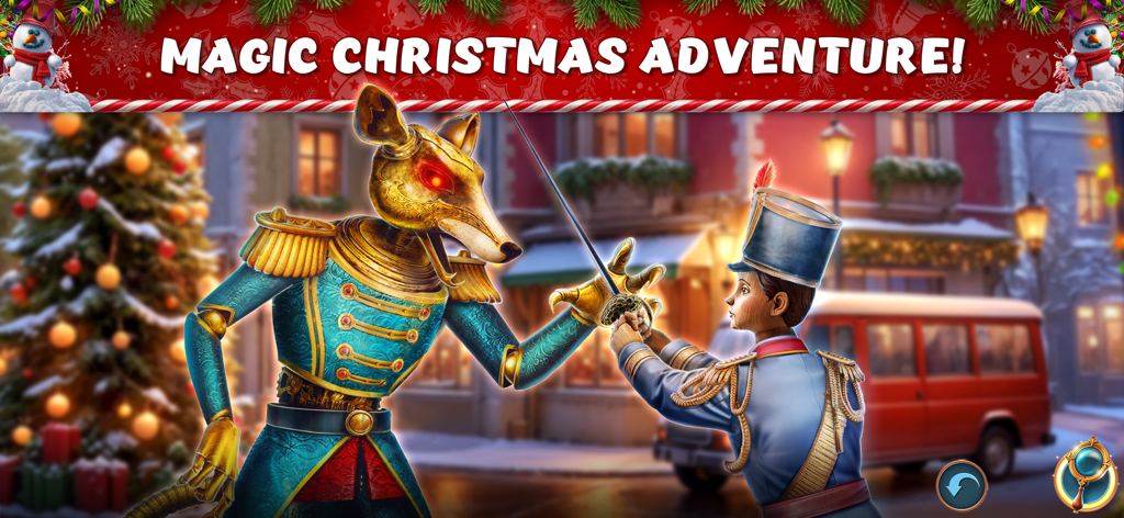 Hidden Objects: Xmas Fables - Un príncipe cascanueces luchando contra un soldado ratón en una escena navideña mágica