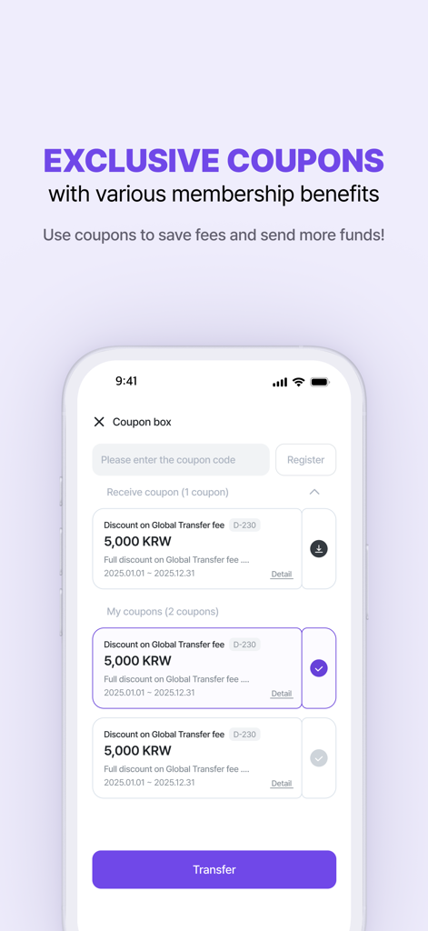 Utransfer-Korea Remittance App - Tela do aplicativo Utransfer mostrando vários cupons e descontos exclusivos para taxas de transferência global em Won coreano.