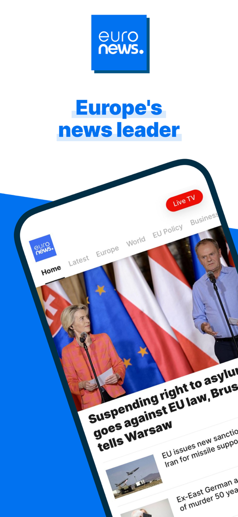 Euronews: World news & live TV - Pantalla de inicio de la aplicación móvil Euronews que muestra titulares e historias de noticias internacionales en un smartphone