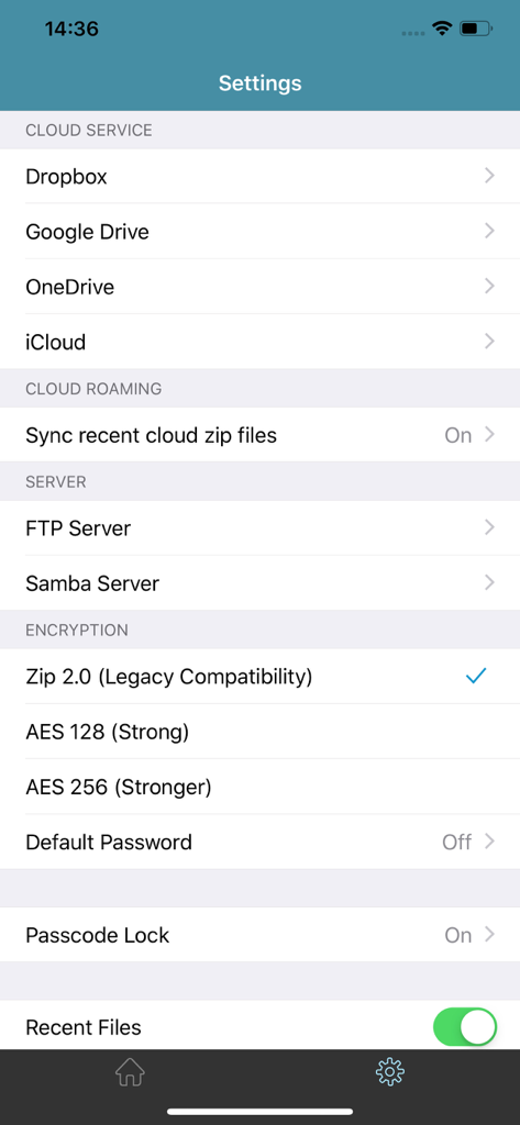 Pantalla de configuración de WinZip Pro que muestra servicios en la nube y opciones de cifrado