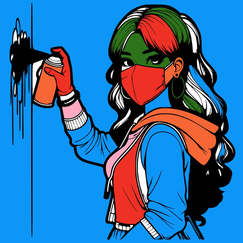 realistic girl with mask spray painting a wall