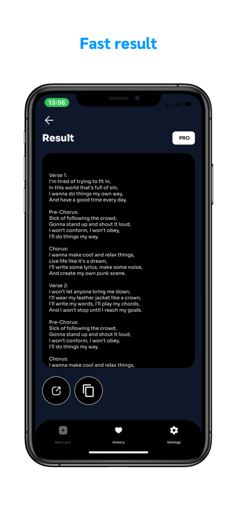 AI Lyric & Song Write | Create - Mobile app interface showing AI generated song lyrics with verse pre chorus and chorus sections