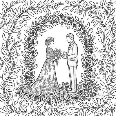 Celebrate love with a unique twist on this Sargassum wedding coloring page, featuring a romantic couple framed by intricate seaweed. Discover elegant details like floral arches and marine elements, ready for your creative touch.
