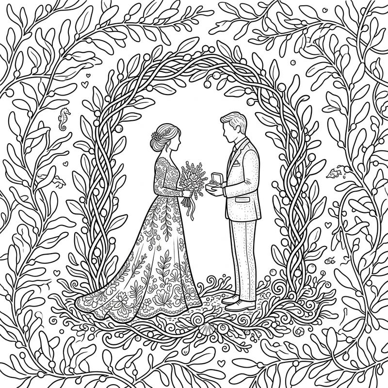 Celebrate love with a unique twist on this Sargassum wedding coloring page, featuring a romantic couple framed by intricate seaweed. Discover elegant details like floral arches and marine elements, ready for your creative touch.