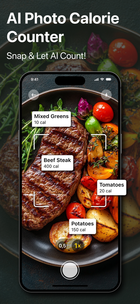 CalZen AI Food Calorie Counter - CalZen KI App identifiziert Kalorien und Lebensmittel wie Steak und Gemüse anhand eines Fotos