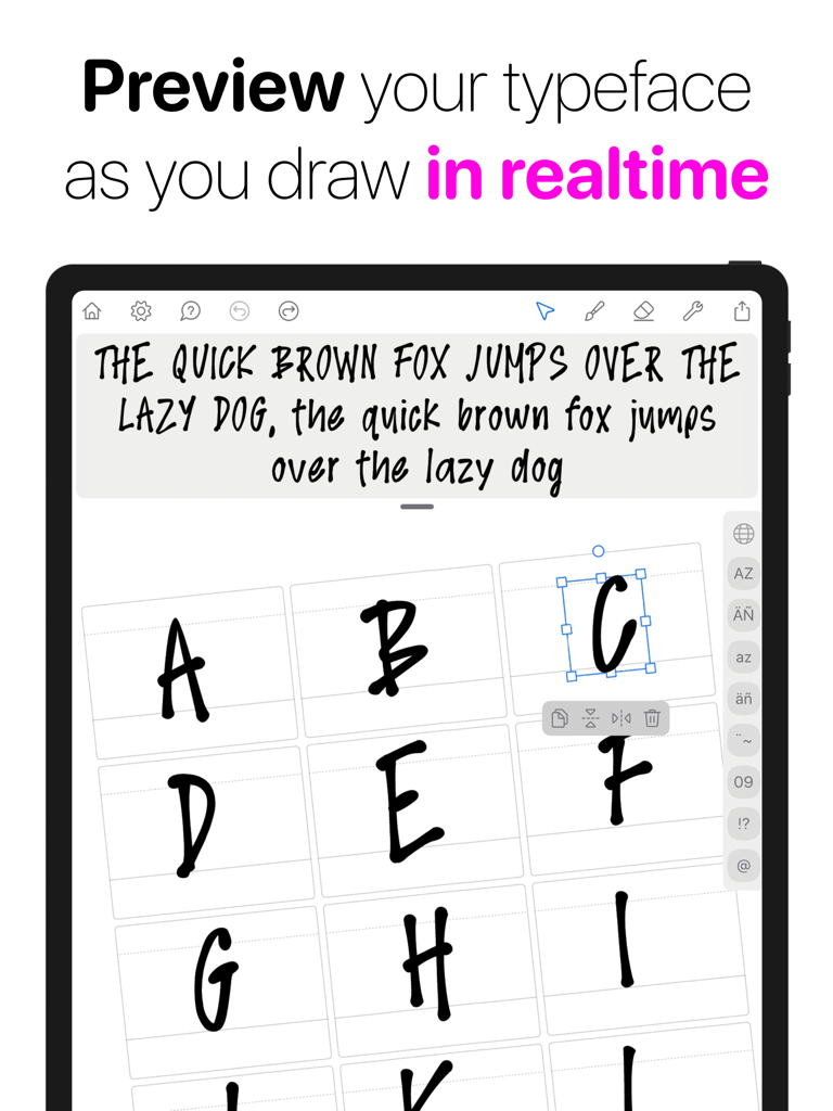 Realtime preview of a custom hand-drawn typeface in the Fontself app on iPad