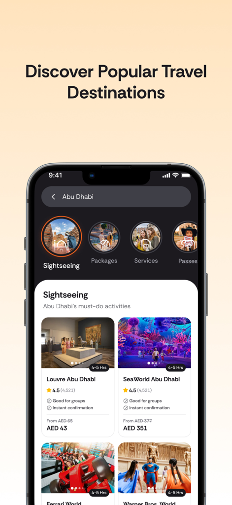 Alike Travel - Interface of Alike Travel app displaying popular sightseeing activities and booking options in Abu Dhabi