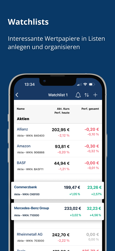 finanzen.net – Markets & News - Schermata della watchlist azionaria nell'app finanzen.net che mostra i prezzi di mercato in tempo reale.
