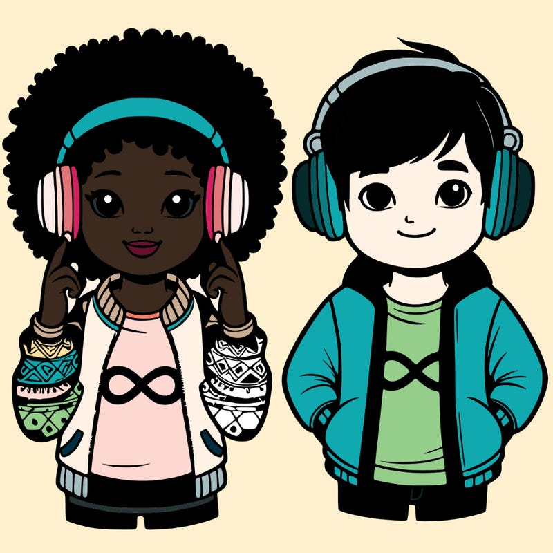 an afroamerican girl with headphones and a boy with headphones, they have an ♾️ symbol on their shirt