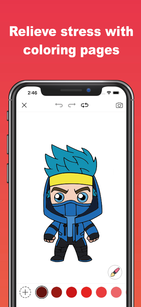 Colortnite: Nite Coloring Game - Uma interface de aplicativo móvel exibindo um personagem ninja chibi sendo colorido com uma paleta de tons.