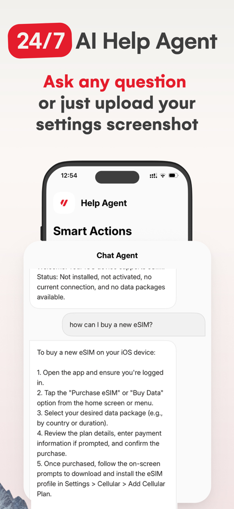 eSIM Travel SIM card: USIMS - Interface de chat do Agente de Ajuda IA 24/7 do aplicativo USIMS mostrando instruções passo a passo para a compra de um novo eSIM.