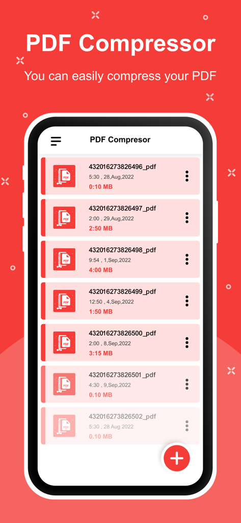 PDFコンプレッサーアプリのインターフェース。iPhone上にファイルリストとその圧縮サイズが表示されています。