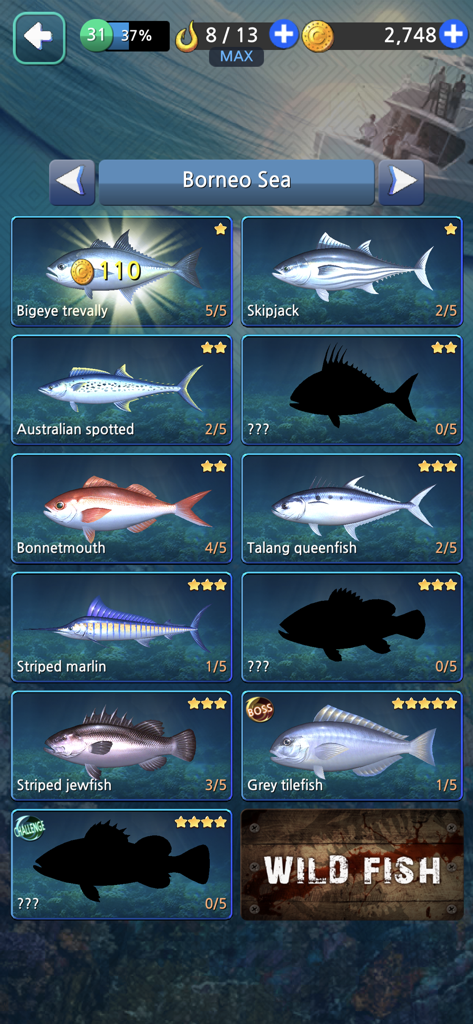 Fishing Hook - 빅아이 트레발리, 가다랑어, 보스급 옥돔을 포함하여 보르네오해에서 잡은 어종 컬렉션을 보여주는 피싱훅 앱의 메뉴.