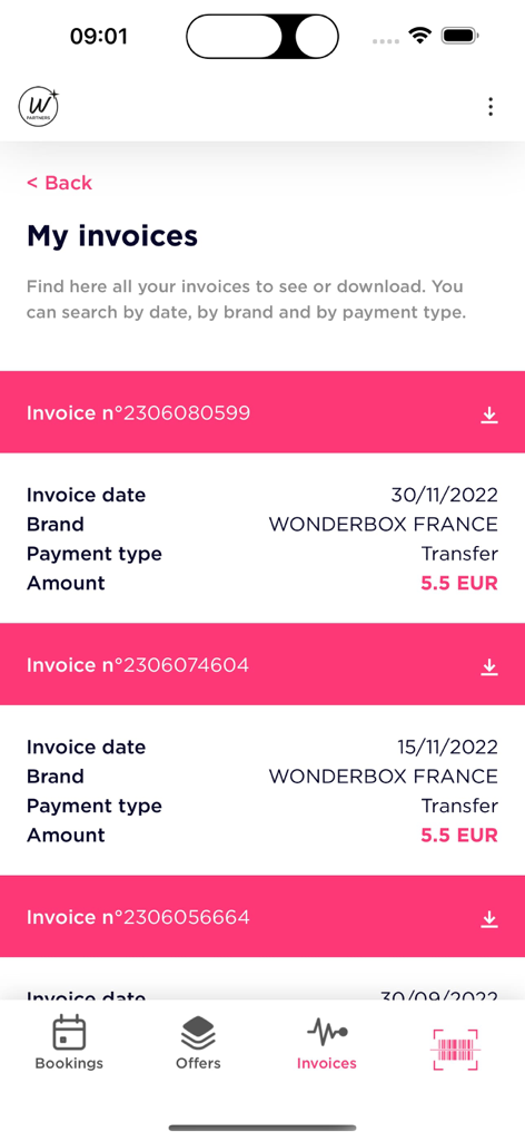 Wonderbox Partners - L'écran 'Mes factures' de l'application Partenaires Wonderbox affichant une liste des paiements récents et des montants des transactions