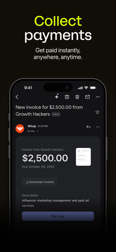A smartphone displaying a digital invoice for 2500 dollars within the Whop app interface