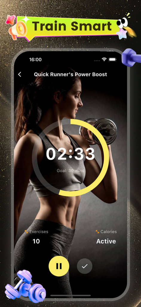 Prata - Enjoy Life - Workout tracking screen showing a countdown timer, exercise count, and active calories for a training session.