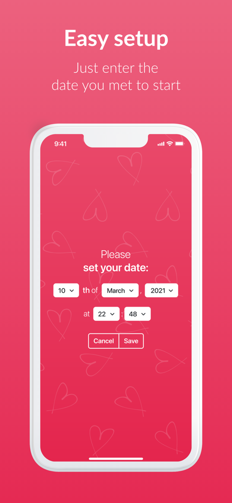 Love Counter – Time in Love - Una pantalla de smartphone que muestra la página de configuración de la aplicación Love Counter, donde los usuarios pueden ingresar la fecha de inicio de su relación