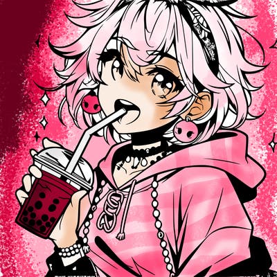 hot baddie anime girl drinking boba and biting the straw