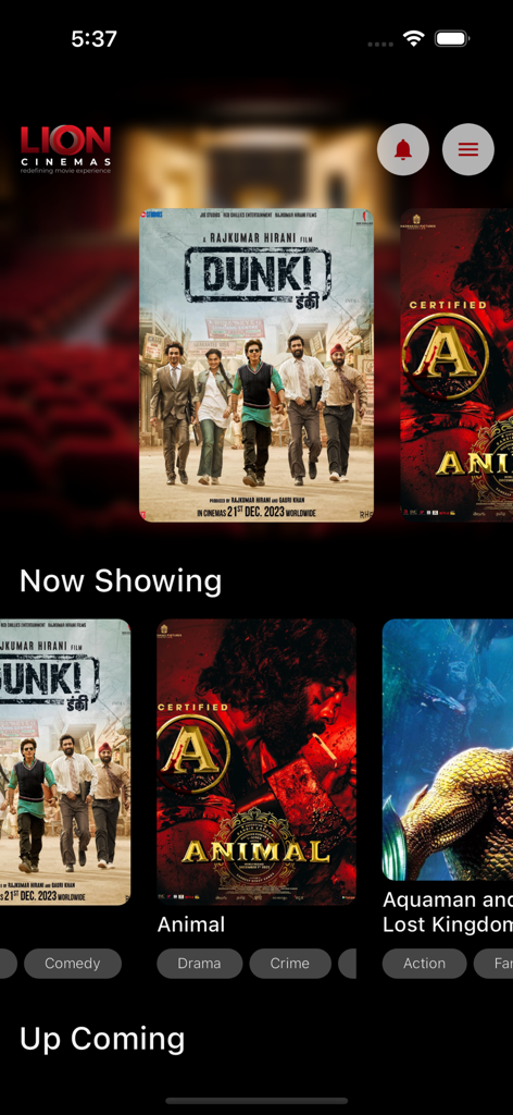 Lion Cinemas app home screen displaying movie posters for current and upcoming films