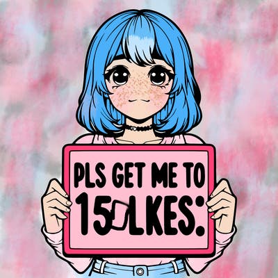 realistic girl holding up a sign that says “pls get me to 15 likes!”
