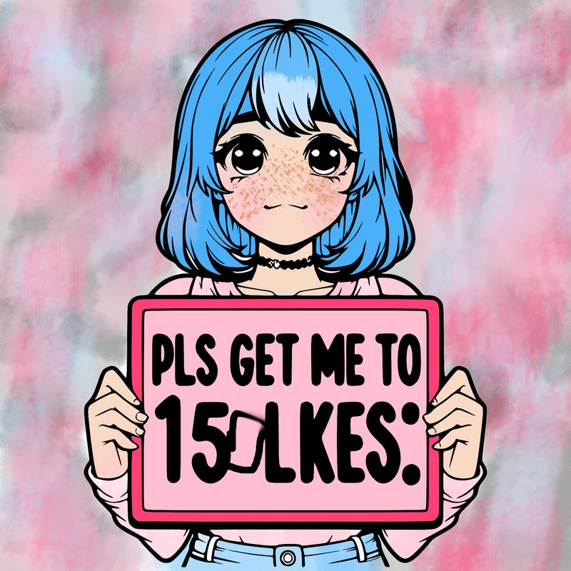 realistic girl holding up a sign that says “pls get me to 15 likes!”