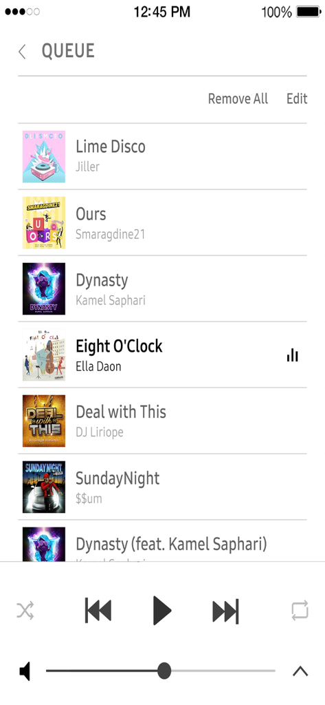 Interfaccia della coda musicale nell'app Samsung Wireless Audio Multiroom che mostra un elenco di brani e controlli di riproduzione