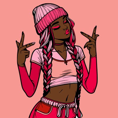 realistic teenage girl with braids and a beanie and crop top doing 🫶🏼