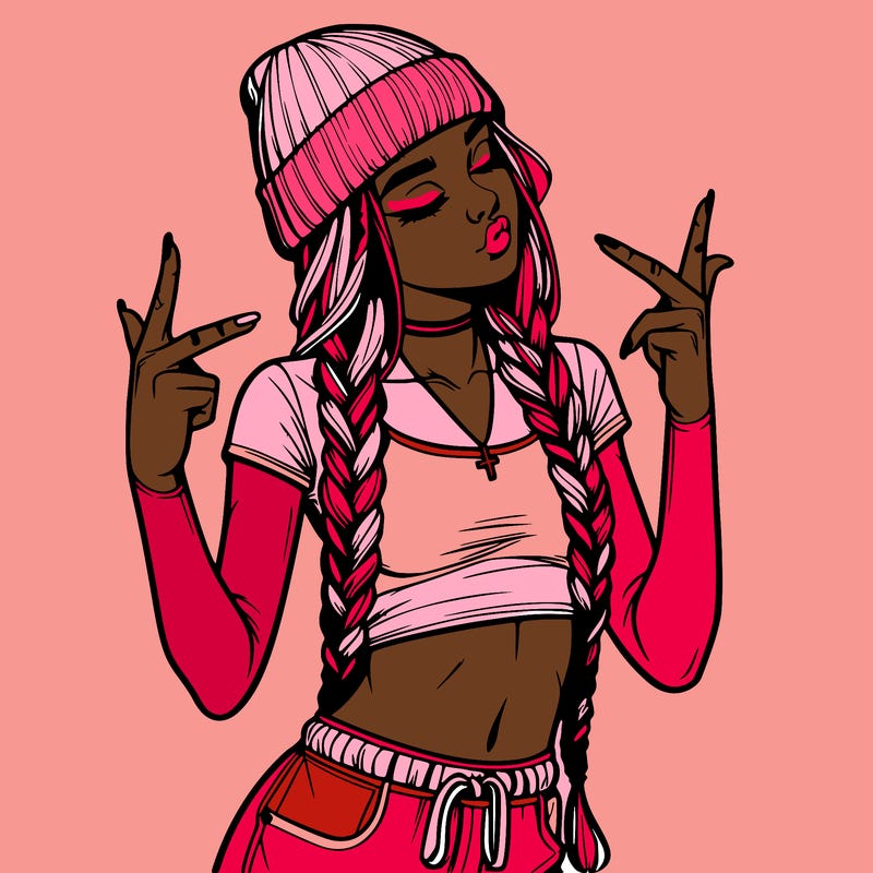 realistic teenage girl with braids and a beanie and crop top doing 🫶🏼