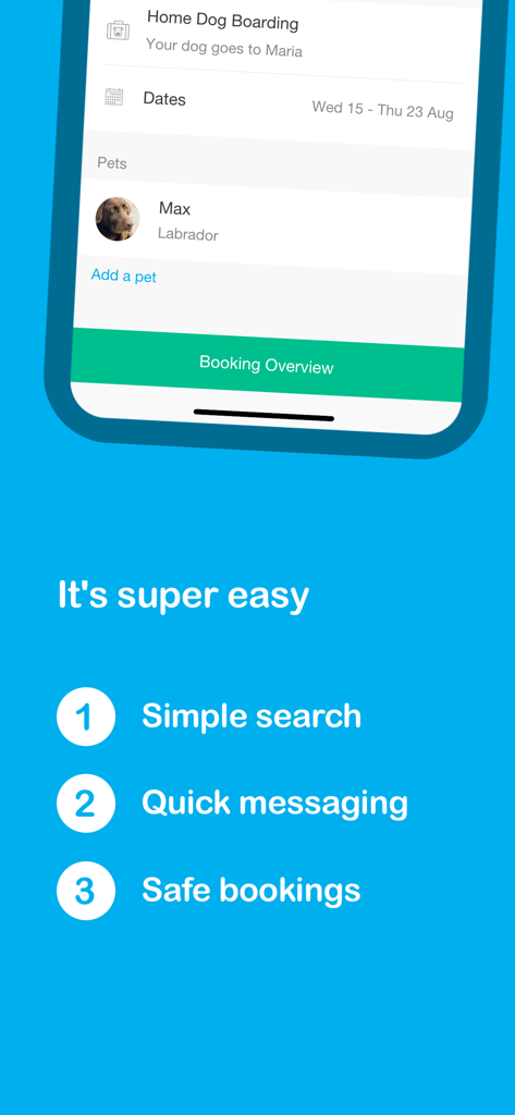 Pawshake - Dog & Pet Sitter - Pawshake app interface showing dog boarding booking overview and three simple steps for pet care