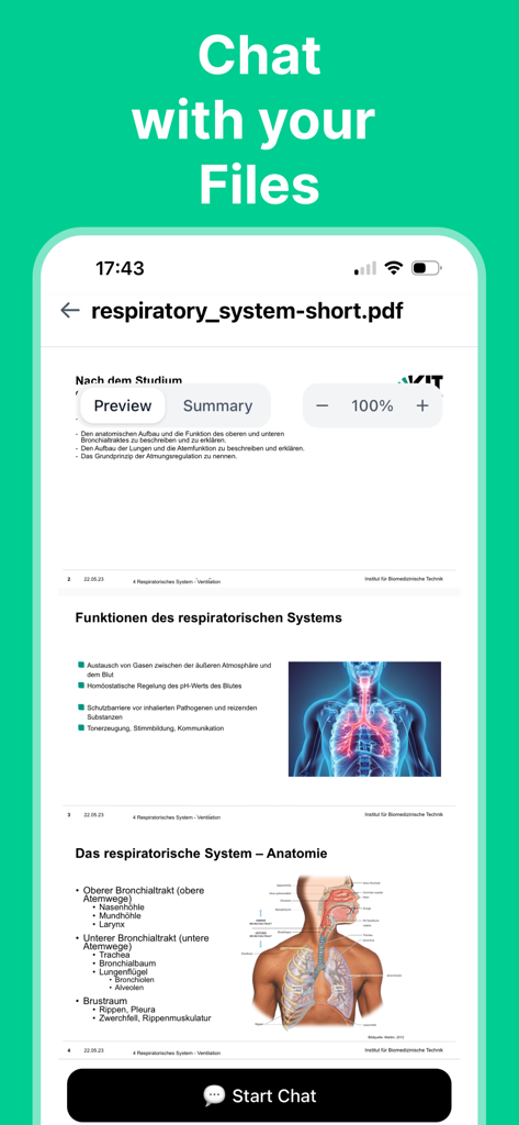 Memora: Study App & Flashcards - The Memora app interface displaying the chat with your files feature with a medical PDF document open