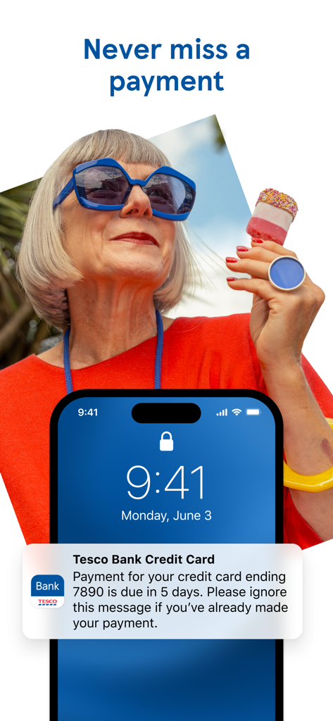 Tesco Bank credit card payment reminder notification on a mobile phone