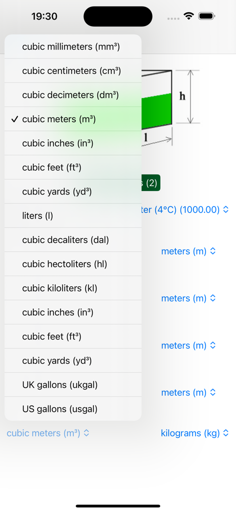 Tank Measure: Volume Calc - Dropdown menu for selecting volume measurement units including cubic meters liters and gallons in the Tank Measure app