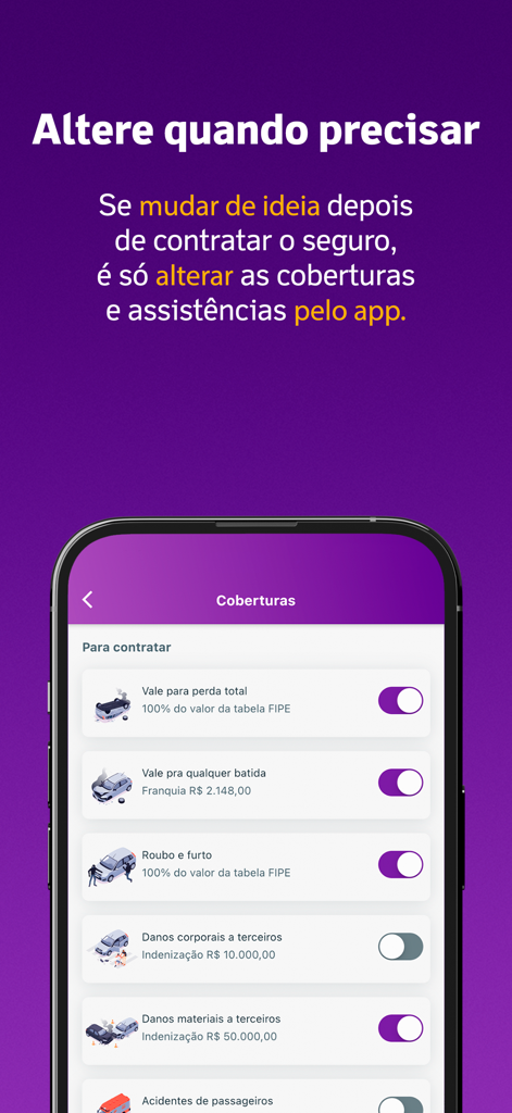 Youse Seguros app screen with toggle switches to customize insurance coverage and assistances