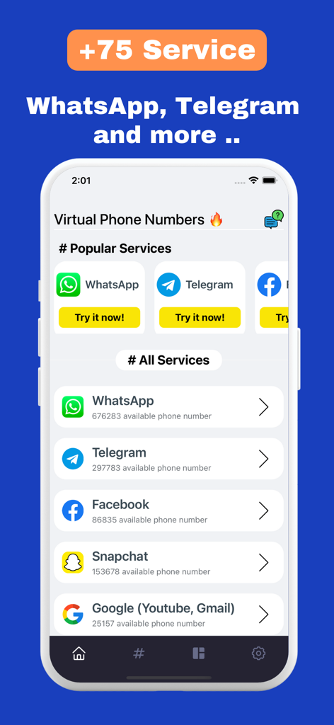 A list of popular services like WhatsApp Telegram and Facebook with available virtual phone numbers for SMS verification.