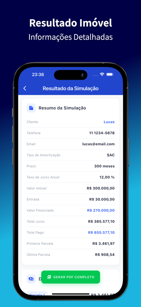 Risultati dettagliati della simulazione di finanziamento immobiliare nell'app Simular Financiamento che mostrano tassi di interesse, rate mensili e un pulsante per generare un PDF.