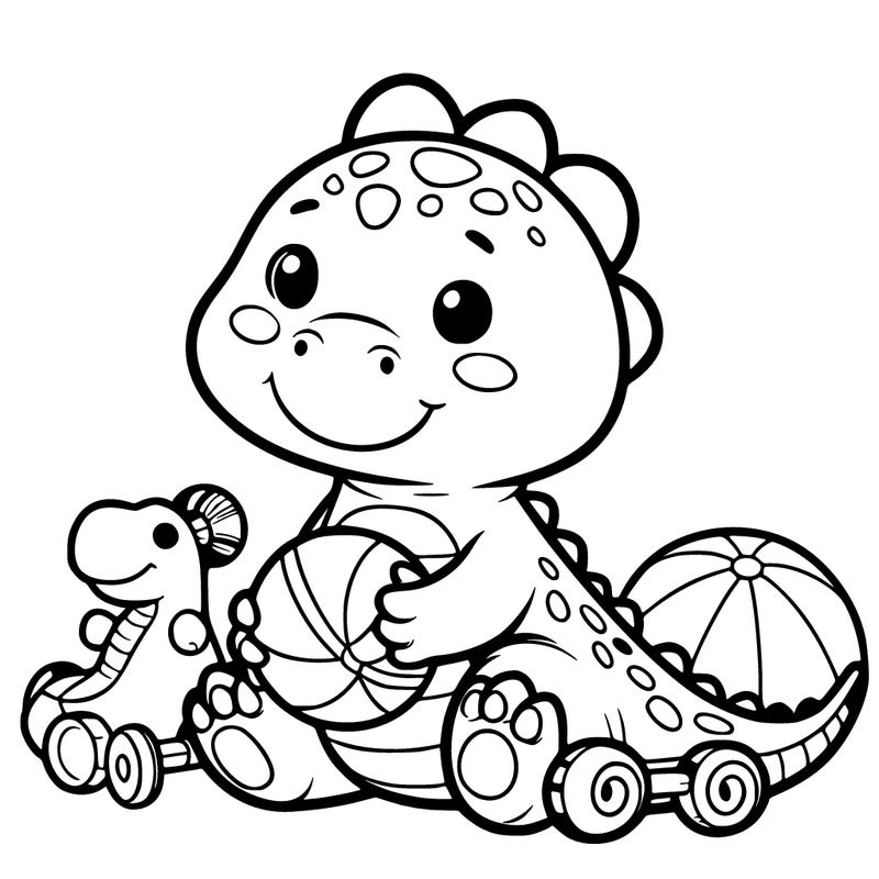 a baby dino holding toys